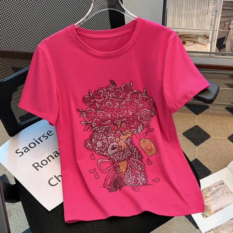 European Clothing Summer Women Cotton T-Shirt Ladies Chic Luxury Flower Hot Diamonds O-Neck Tops Female Sweet Tees
European Clothing Summer Women Cotton T-Shirt Ladies Chic Luxury Flower Hot Diamonds O-Neck Tops Female Sweet Tees