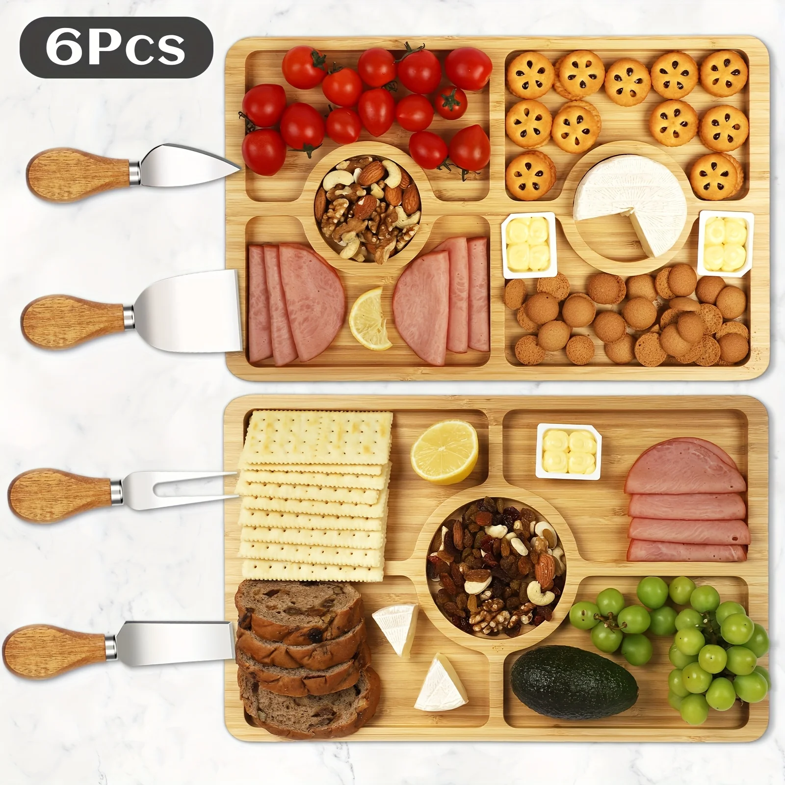 2pcs Charcuterie boards, Bamboo Cheese Board set with 4pcs Knives, Cutting Boards for Kitchen, Wood Party Serving Trays and Plat
2pcs Charcuterie boards, Bamboo Cheese Board set with 4pcs Knives, Cutting Boards for Kitchen, Wood Party Serving Trays and Plat