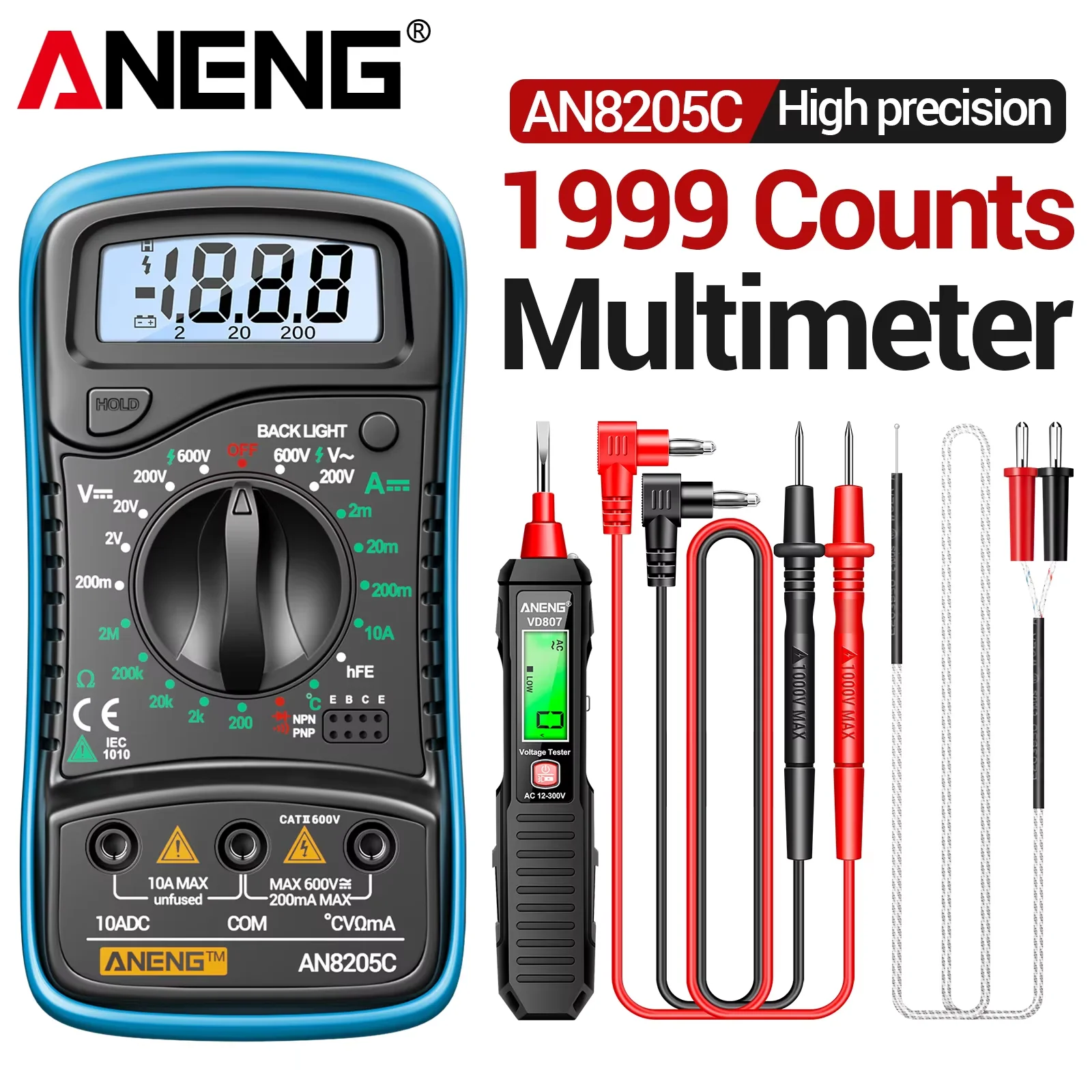 Car Multimeter Suits ANENG AN8205C+VD807 Voltage Tester Pen 12V-300V AC Voltage Detector Amp Car Repair hFE Triode Test Tools
Car Multimeter Suits ANENG AN8205C+VD807 Voltage Tester Pen 12V-300V AC Voltage Detector Amp Car Repair hFE Triode Test Tools