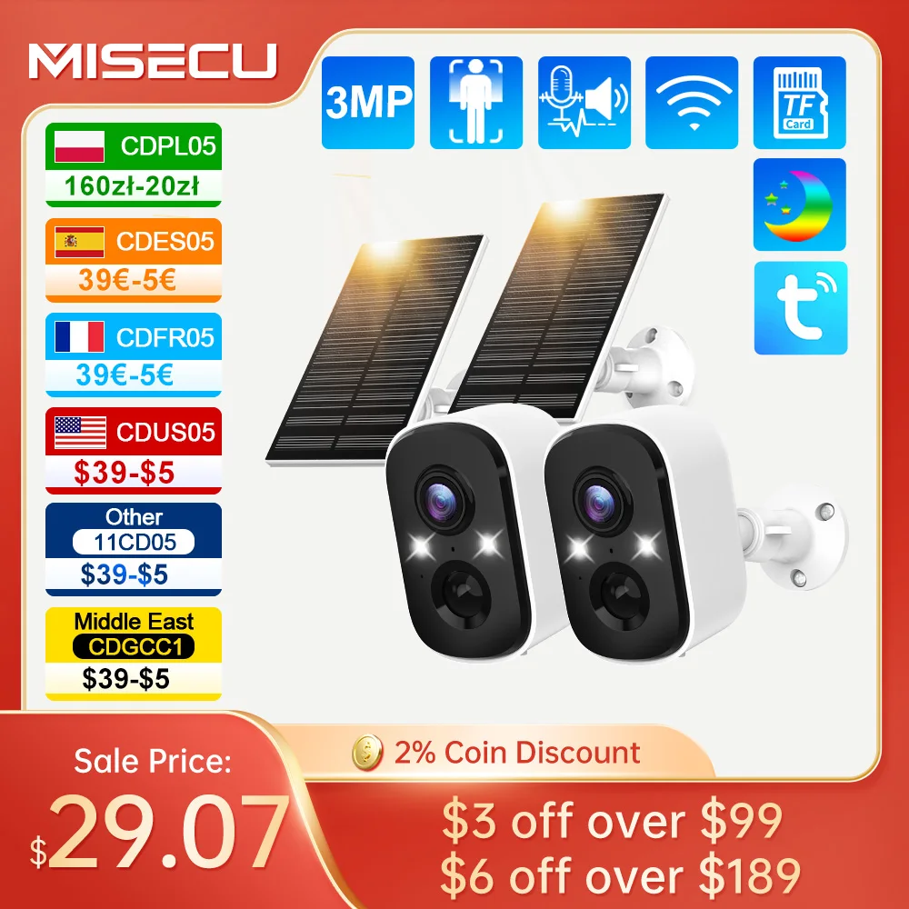 MISECU Tuya 3MP WIFI Security Battery Camera with Solar Panel Wireless Outdoor Human Detect Surveillance IP Camera Two-way Audio
MISECU Tuya 3MP WIFI Security Battery Camera with Solar Panel Wireless Outdoor Human Detect Surveillance IP Camera Two-way Audio