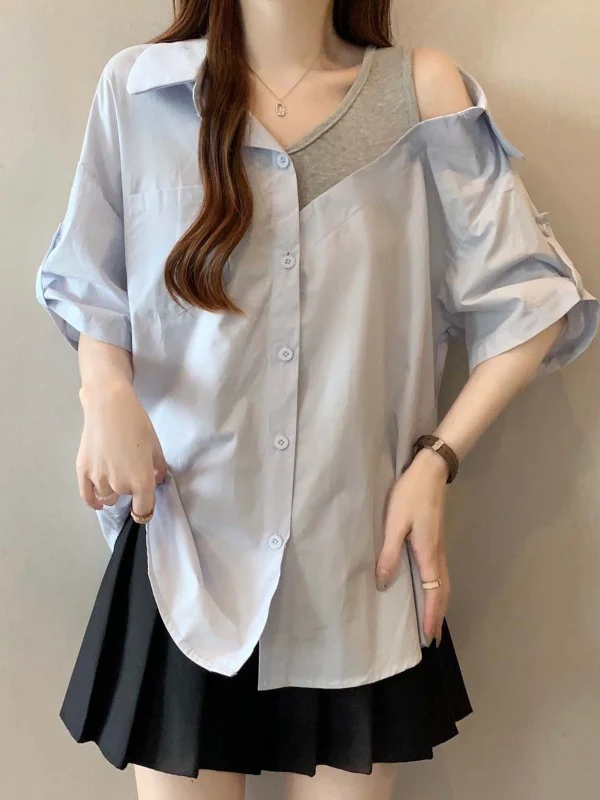 Light Blue Shoulder Bared Short Sleeve Shirt Women's Summer New plus Size Midi Two Piece Upper Apparel Korean Style Loose Fit
Light Blue Shoulder Bared Short Sleeve Shirt Women's Summer New plus Size Midi Two Piece Upper Apparel Korean Style Loose Fit