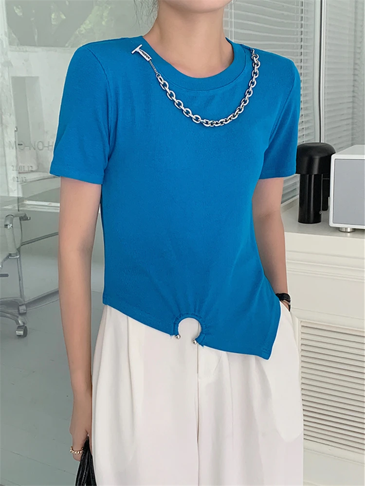 2022 New Irregular Chain Women's T-Shirts Summer Short Sleeve O-Neck Bottoming Minimalist Shirts Blue Casual Loose Tops Female
2022 New Irregular Chain Women's T-Shirts Summer Short Sleeve O-Neck Bottoming Minimalist Shirts Blue Casual Loose Tops Female