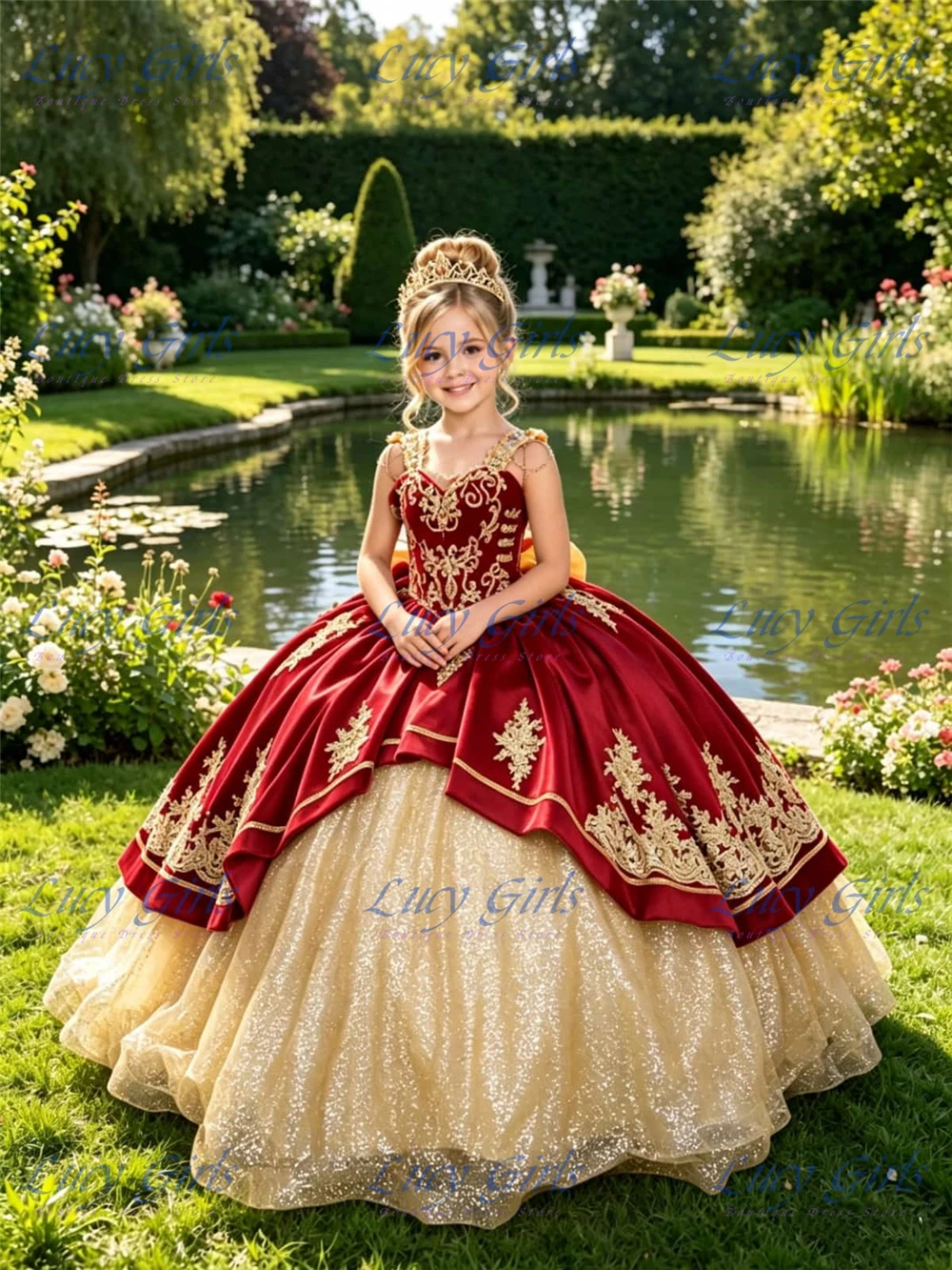 Quality Sequin Applique Red Flower Girl Dress Gold Lace Pageant Dresses for Girls with Bow Off Shoulder First Communion Dresses
Quality Sequin Applique Red Flower Girl Dress Gold Lace Pageant Dresses for Girls with Bow Off Shoulder First Communion Dresses