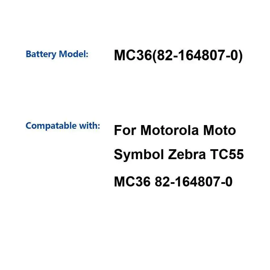 2940 мАч MC36 82-164807-0 Надежная замена аккумулятора промышленного портативного терминала символа TC55
2940 мАч MC36 82-164807-0 Надежная замена аккумулятора промышленного портативного терминала символа TC55