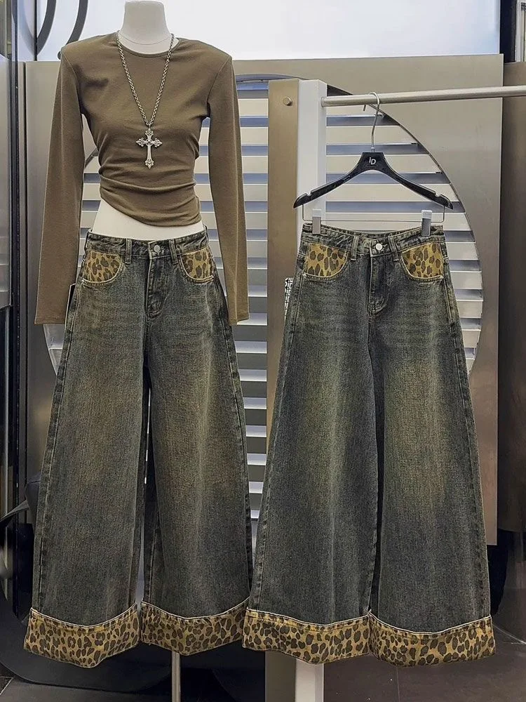 Retro Splicing Leopard Print Wide Leg Jeans Women's Floor-Length Pants Autumn Winter New Loose Fit High Waist Zipper Closure
Retro Splicing Leopard Print Wide Leg Jeans Women's Floor-Length Pants Autumn Winter New Loose Fit High Waist Zipper Closure