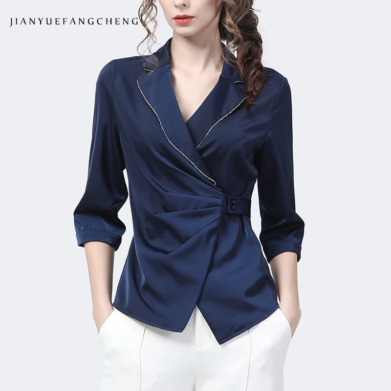 Fashion Suit Collar Women Spring Summer Blue Satin Shirt Outwear Elegant Slim Crossed V-neck Casual Working Ladies Tops
Fashion Suit Collar Women Spring Summer Blue Satin Shirt Outwear Elegant Slim Crossed V-neck Casual Working Ladies Tops