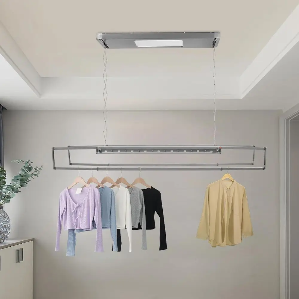 Электрическая вешалка для проветривания одежды Регулируемая потолочная сушилка для одежды с интеллектуальным управлением, светодиодное освещение 24 Вт и 2 выдвижных Ro
Электрическая вешалка для проветривания одежды Регулируемая потолочная сушилка для одежды с интеллектуальным управлением, светодиодное освещение 24 Вт и 2 выдвижных Ro