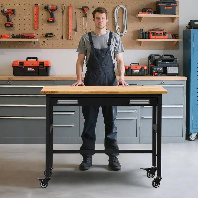 48-inch Workbench, 1500 lbs Load Capacity, Garage Workbench with Drawer Storage & Wheels, Workshop Bench on Wheels, Heavy Duty Oak Wood Top Work Table for Garage, Workshop, Office, and Home
48-inch Workbench, 1500 lbs Load Capacity, Garage Workbench with Drawer Storage & Wheels, Workshop Bench on Wheels, Heavy Duty Oak Wood Top Work Table for Garage, Workshop, Office, and Home