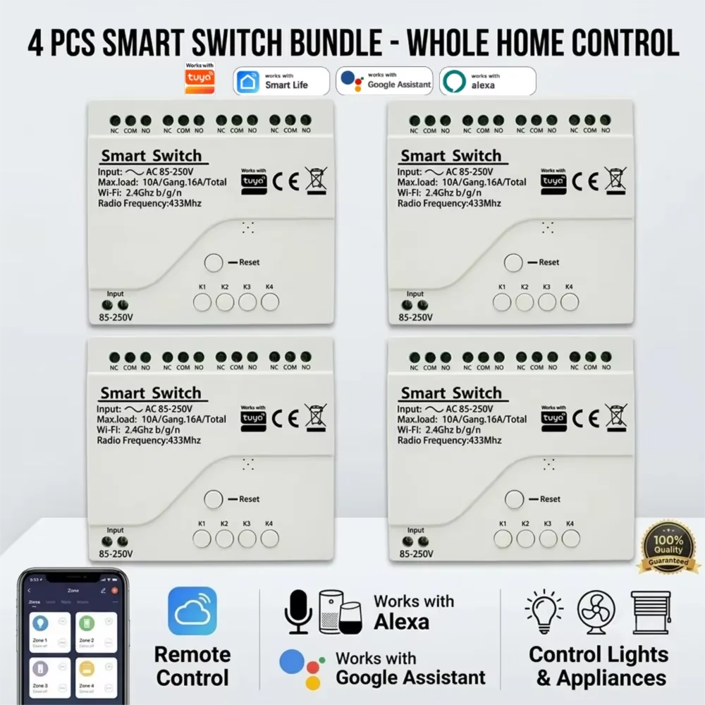4PCS WiFi RF433 Smart Switch Relay DC7-32V AC85-250V Timer Works with Tuya Alexa For Roller Shutter Lamp Household Appliance
4PCS WiFi RF433 Smart Switch Relay DC7-32V AC85-250V Timer Works with Tuya Alexa For Roller Shutter Lamp Household Appliance