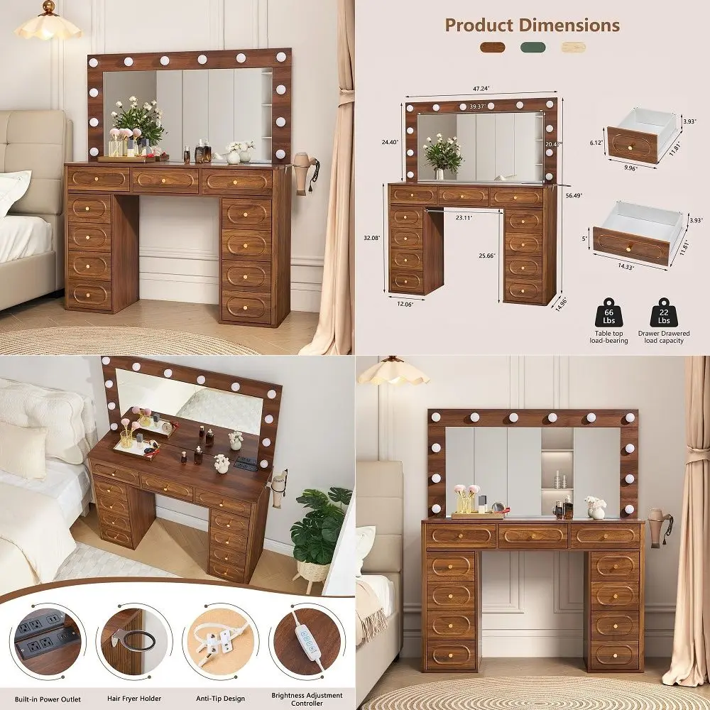 Fluted Vanity Desk with Mirror and Lights, Power Outlets, Modern Wood Vanity Desk Makeup Table with 11 Drawers, 3 Color Modes D
Fluted Vanity Desk with Mirror and Lights, Power Outlets, Modern Wood Vanity Desk Makeup Table with 11 Drawers, 3 Color Modes D