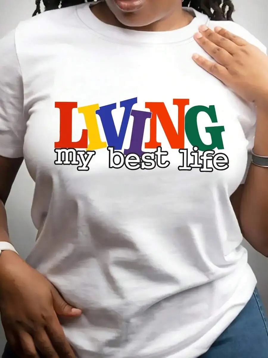 Living My Best Life Colorful Letter Graphic Tee Women Casual Crew Neck Short Sleeve Cotton T-Shirt
Living My Best Life Colorful Letter Graphic Tee Women Casual Crew Neck Short Sleeve Cotton T-Shirt