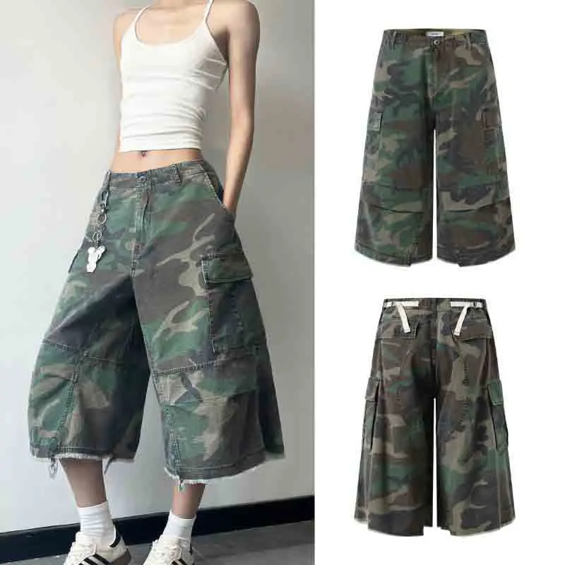 Summer Street Cleanfit Washed Broken Camouflage Irregular Cutting Splicing Cargo Pants Men Women Nonnod Wide Leg Capri Pants
Summer Street Cleanfit Washed Broken Camouflage Irregular Cutting Splicing Cargo Pants Men Women Nonnod Wide Leg Capri Pants