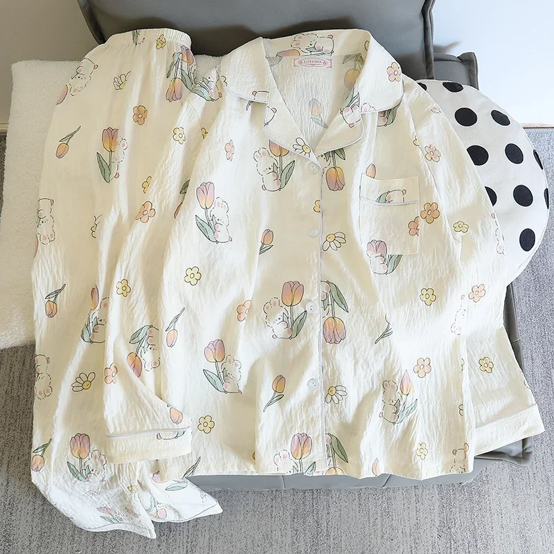 Women Faux Cotton Soft Pajamas Sleepwear Autumn Pajama Set Print Flower with Rabbits Comfortable Casual Cute 2 Pieces Home Suit
Women Faux Cotton Soft Pajamas Sleepwear Autumn Pajama Set Print Flower with Rabbits Comfortable Casual Cute 2 Pieces Home Suit