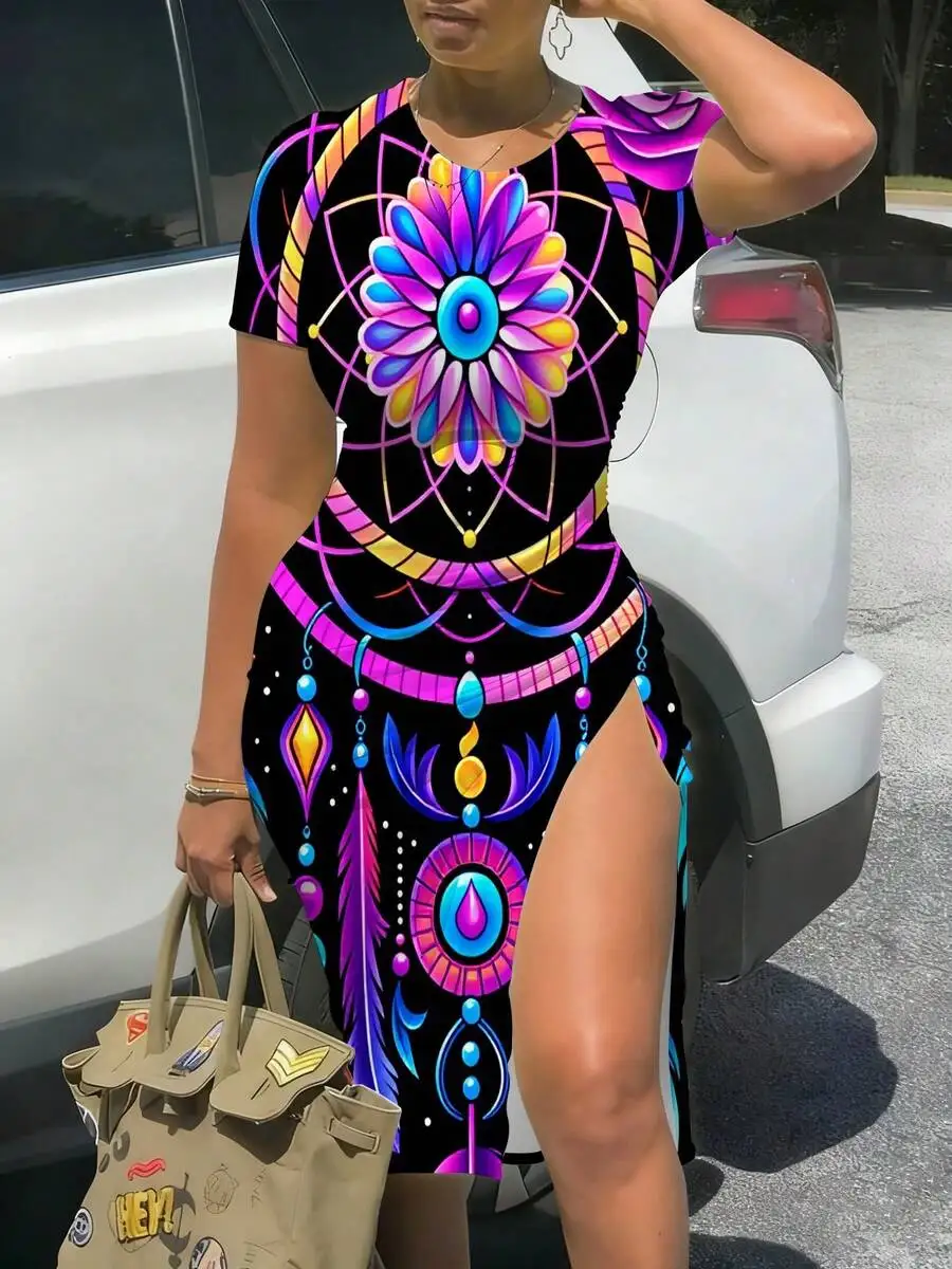 Womens Short Sleeve Fitted Midi Dress With Side Slit And Mandala Floral Print
Womens Short Sleeve Fitted Midi Dress With Side Slit And Mandala Floral Print