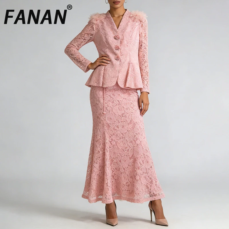 FANAN Pink Lace Two Piece Sets For Women V Neck Long Sleeves Spliced 3D Flower Top High Waist Skirt Elegant Set Female 2026 New
FANAN Pink Lace Two Piece Sets For Women V Neck Long Sleeves Spliced 3D Flower Top High Waist Skirt Elegant Set Female 2026 New