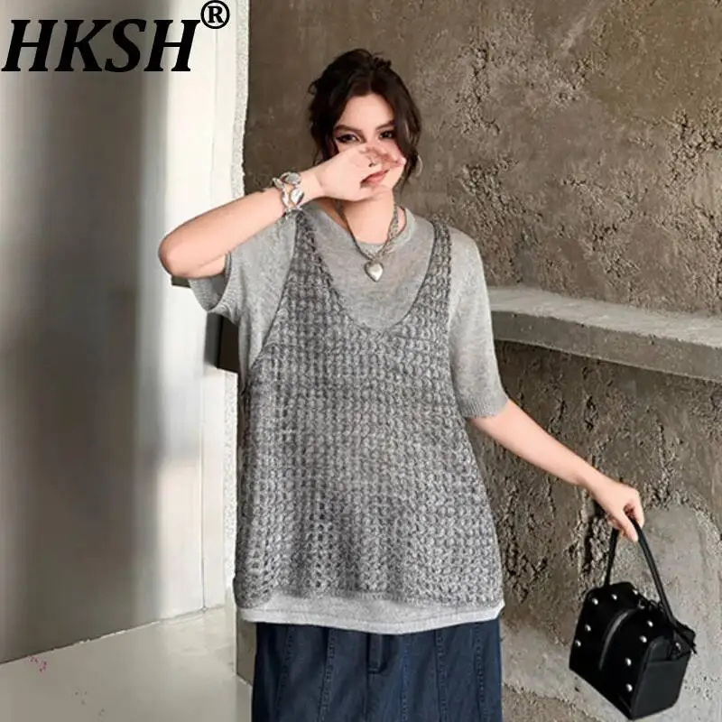 HKSH Women Short Sleeve T-shirt Korean Style Loose Casual Streetwear Patchwork Fake Two-piece Design Knit Top Ins Summer HK23682
HKSH Women Short Sleeve T-shirt Korean Style Loose Casual Streetwear Patchwork Fake Two-piece Design Knit Top Ins Summer HK23682