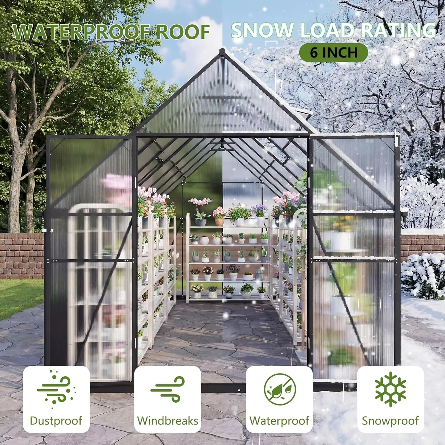 8x14FT Greenhouses for Outdoors, Heavy Duty Large Outdoor Greenhouse with Adjustable Roof Vent Aluminum Frame Dual-Side, Custom
8x14FT Greenhouses for Outdoors, Heavy Duty Large Outdoor Greenhouse with Adjustable Roof Vent Aluminum Frame Dual-Side, Custom