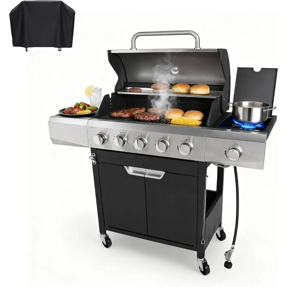 58,500 BTU 5-Burner Outdoor Propane Gas Grill, Stainless & Porcelain Grates, Wheeled BBQ for Patio and Backyard
58,500 BTU 5-Burner Outdoor Propane Gas Grill, Stainless & Porcelain Grates, Wheeled BBQ for Patio and Backyard