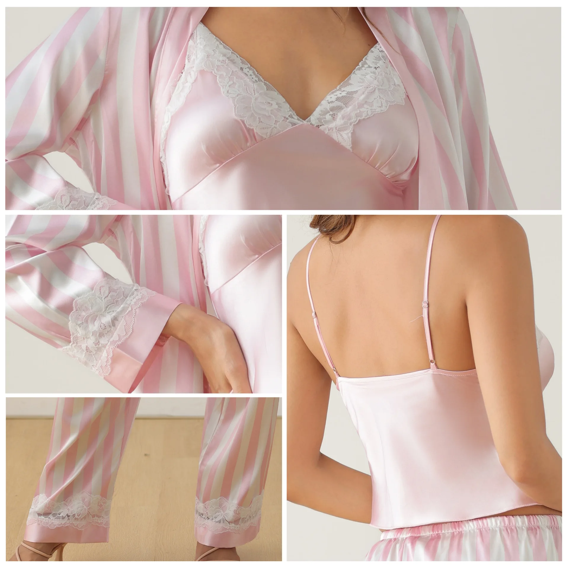 Autumn Female Pink Striped Robe Sling Pants Pajamas Sleepwear 3PCS Set Homewear Loose Satin Pijama Loungewear
Autumn Female Pink Striped Robe Sling Pants Pajamas Sleepwear 3PCS Set Homewear Loose Satin Pijama Loungewear