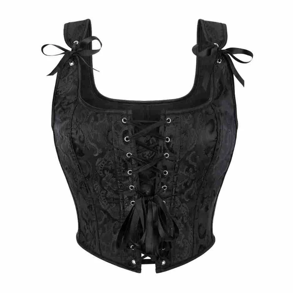 Women Black Retro Jacquard Overbust Corset Crop Top Gothic Adjustable Shoulder Strap Bustier Front Lace-up Body Shaper Corselet
Women Black Retro Jacquard Overbust Corset Crop Top Gothic Adjustable Shoulder Strap Bustier Front Lace-up Body Shaper Corselet