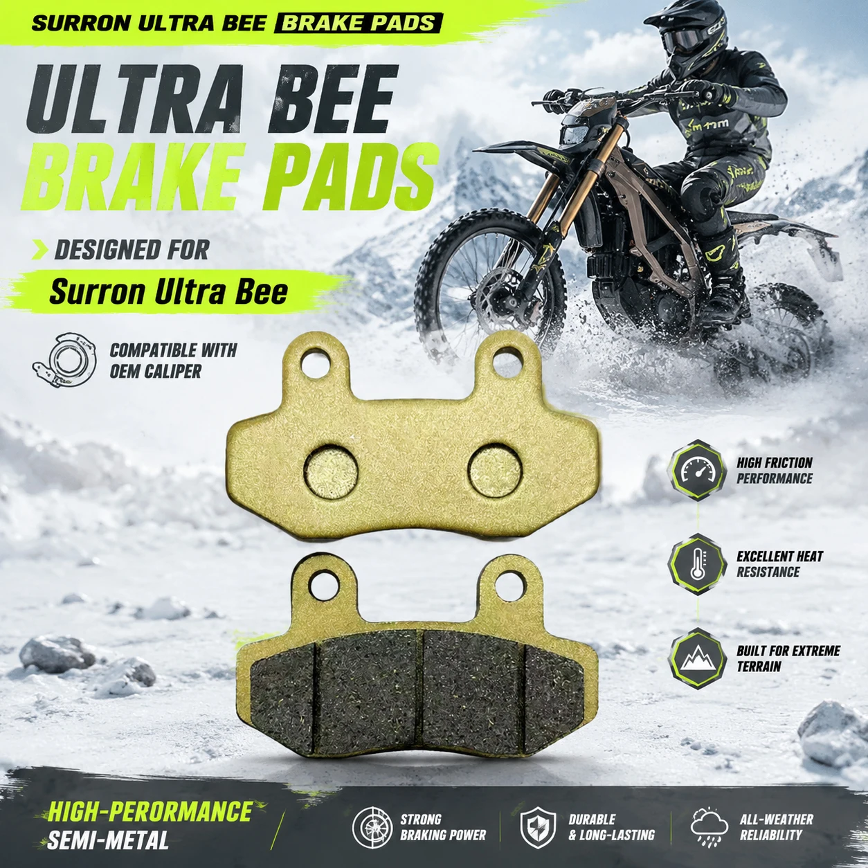 Ultra Bee Brake Pads Semi-Metallic Wet Grip for Surron Ultra Bee Stock Caliper Electric Dirt Bike All Weather Replacement
Ultra Bee Brake Pads Semi-Metallic Wet Grip for Surron Ultra Bee Stock Caliper Electric Dirt Bike All Weather Replacement