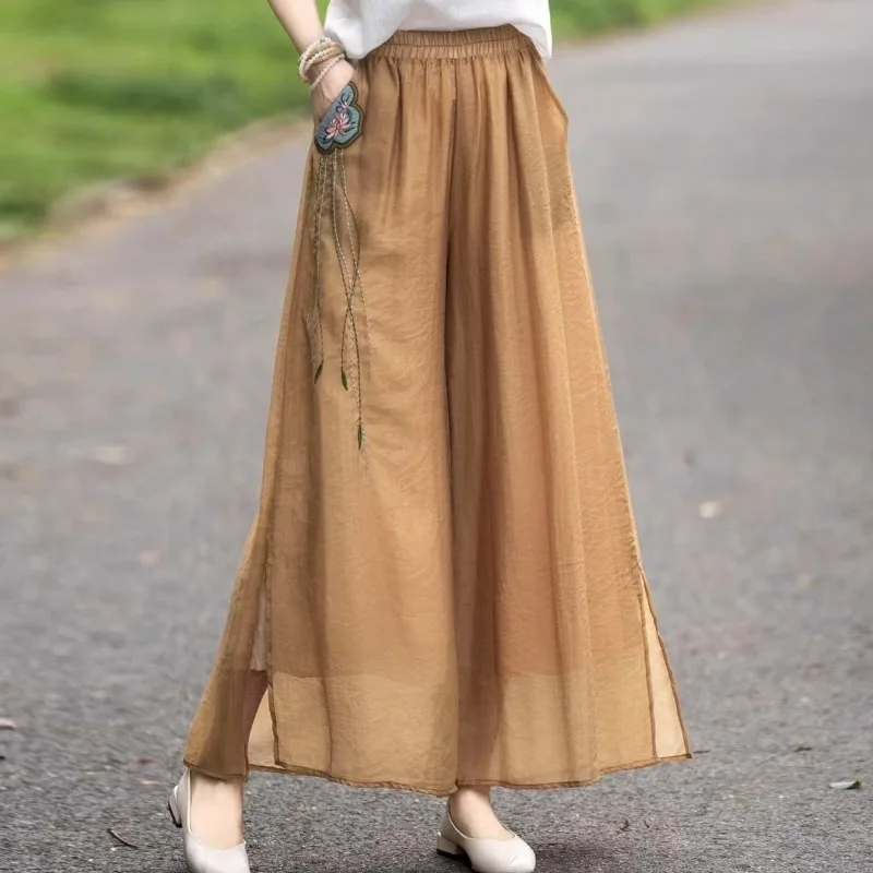Women Summer Double Layer Wide Leg Pants Elastic Waist Loose Embroidered Trousers Ethnic Style Chinese Traditional Clothing
Women Summer Double Layer Wide Leg Pants Elastic Waist Loose Embroidered Trousers Ethnic Style Chinese Traditional Clothing