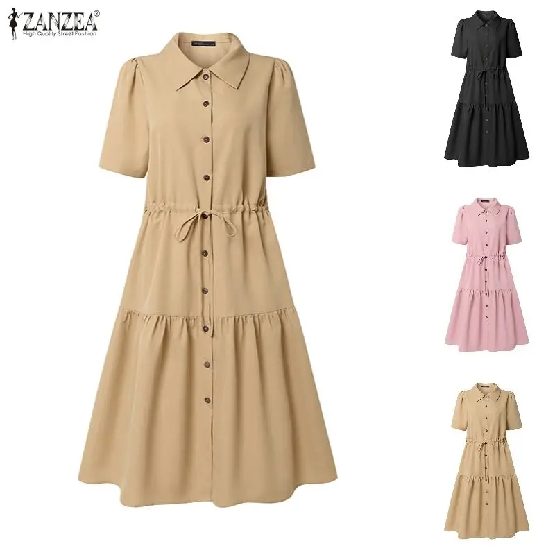 Summer Elegant Work Dresses ZANZEA Women Short Sleeve Solid Knee-length Dress Casual Lapel Neck Drawstring Waist Sundress 2026
Summer Elegant Work Dresses ZANZEA Women Short Sleeve Solid Knee-length Dress Casual Lapel Neck Drawstring Waist Sundress 2026