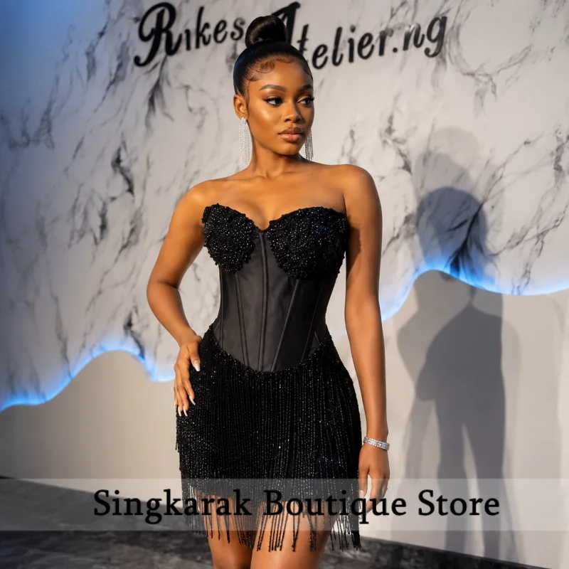 Shiny Black Short Prom Dresses for Women Sweetheart Beading Tassels Cocktail Gowns Customized Short Vestido de Fiesta
Shiny Black Short Prom Dresses for Women Sweetheart Beading Tassels Cocktail Gowns Customized Short Vestido de Fiesta