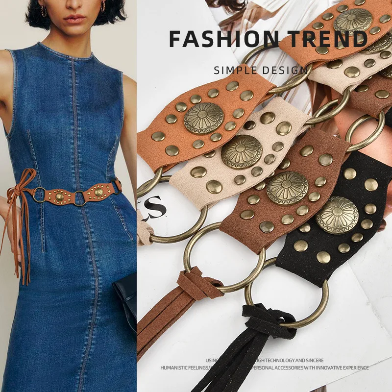 Personalized western cowboy style, metal cowhide tassel belt, women's retro rivets, decorative dress wide belt
Personalized western cowboy style, metal cowhide tassel belt, women's retro rivets, decorative dress wide belt