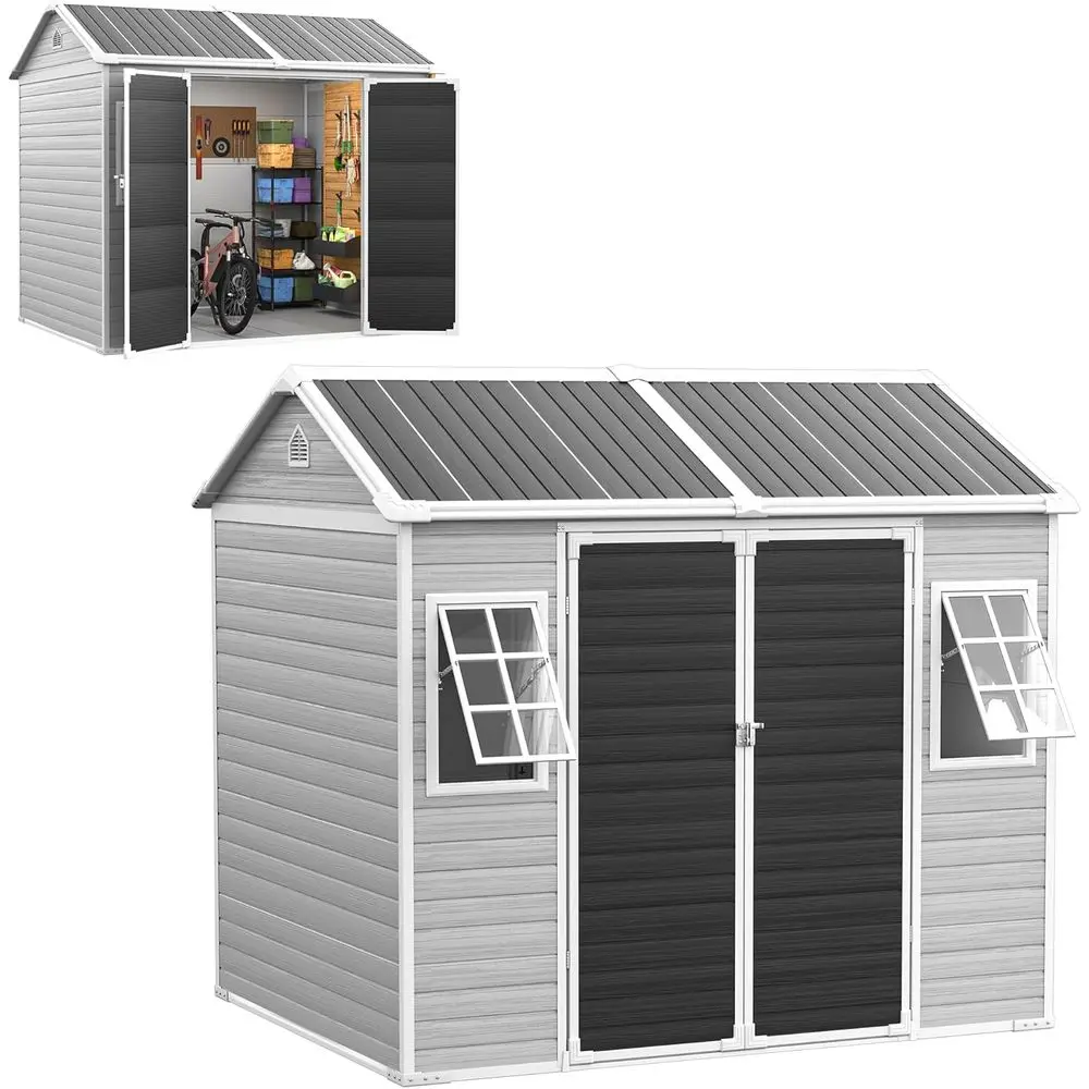 Прочный садовый сарай 8x6 футов с полом, из водонепроницаемой полимерной смолы, с запираемыми двойными дверями и окнами для хранения садового инвентаря или инструментов
Прочный садовый сарай 8x6 футов с полом, из водонепроницаемой полимерной смолы, с запираемыми двойными дверями и окнами для хранения садового инвентаря или инструментов