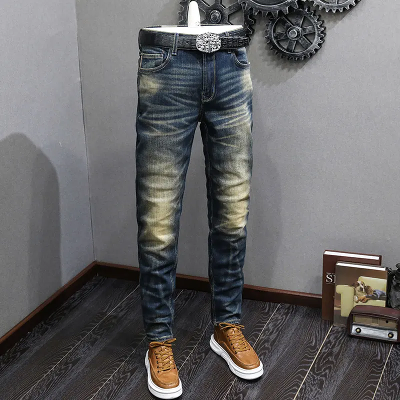 Fashion Designer Men Jeans High Quality Retro Washed Blue Stretch Slim Fit Ripped Jeans Men Slevedge Vintage Denim Pants Hombre
Fashion Designer Men Jeans High Quality Retro Washed Blue Stretch Slim Fit Ripped Jeans Men Slevedge Vintage Denim Pants Hombre