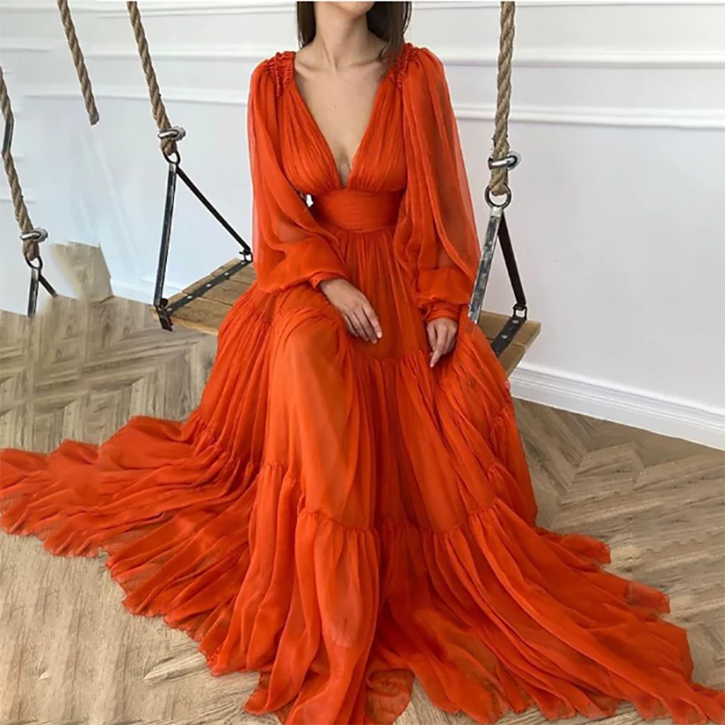 Orange Long Puff Sleeves Evening Dresses Elegant V-Neck Pleats Chiffon Floor-Length Women Party Prom Dresses Customized
Orange Long Puff Sleeves Evening Dresses Elegant V-Neck Pleats Chiffon Floor-Length Women Party Prom Dresses Customized
