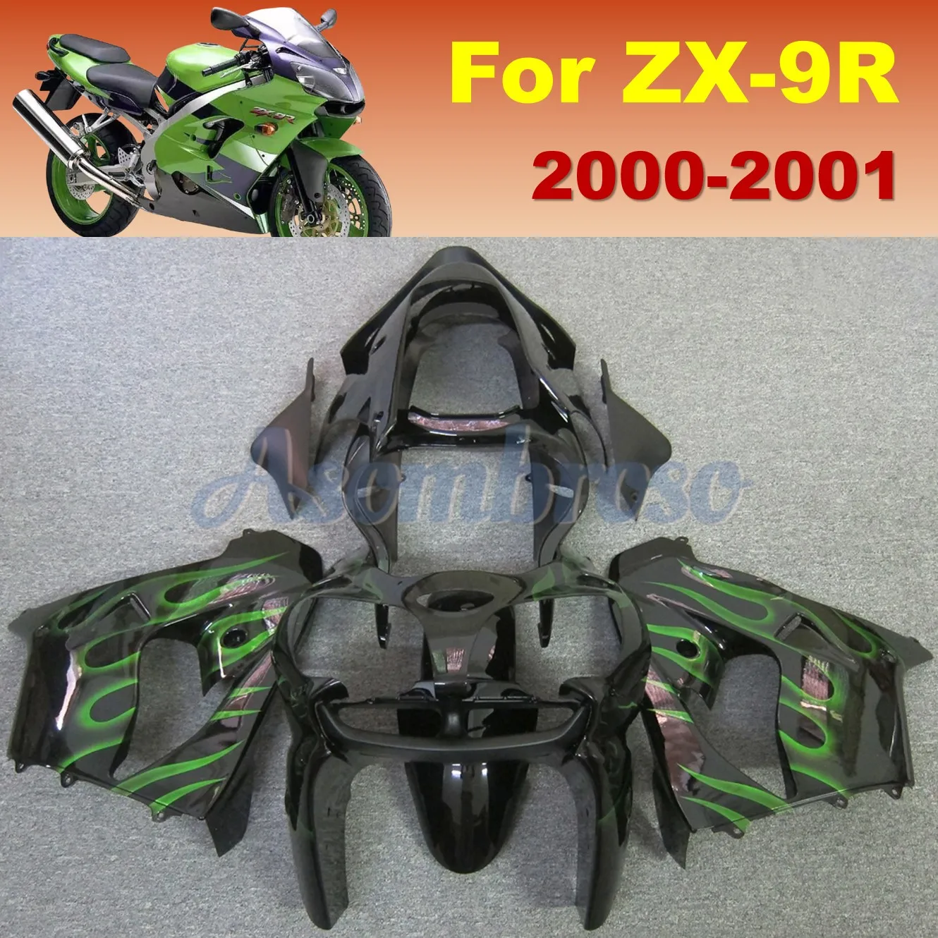 Injection Fairings Set For Kawasaki Ninja ZX 9R 2000 2001 ZX-9R ZX9R Green Flame Black ABS Plastic Fairing kit
Injection Fairings Set For Kawasaki Ninja ZX 9R 2000 2001 ZX-9R ZX9R Green Flame Black ABS Plastic Fairing kit