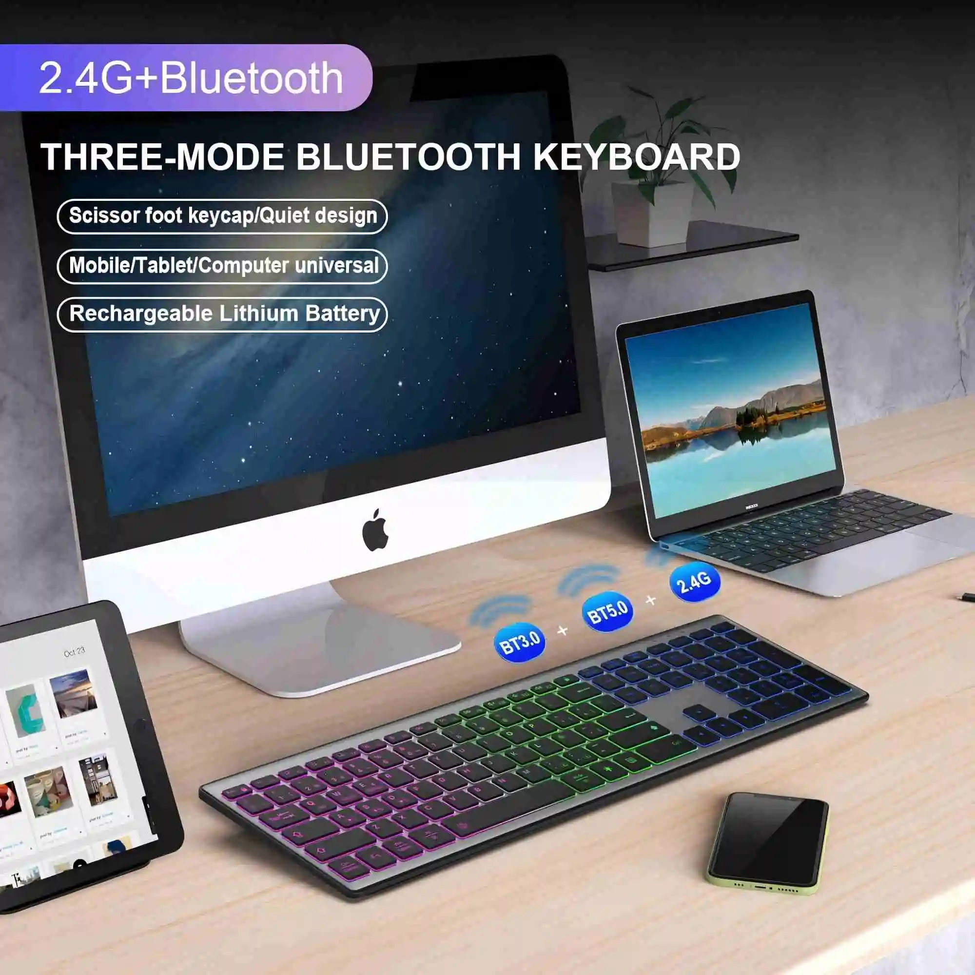 Rechargeable Wireless Bluetooth 2.4G USB Keyboard Ultra-thin 110 Keys Full Size Backlight Keyboard for iPad Laptop Phone PC