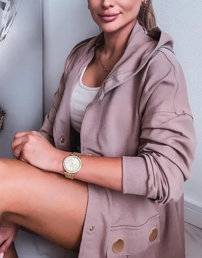 Jackets Women Snap Buttons Front Pocket Design Hollow-Out Drawstring Back Hooded Jacket Casual Drop Shoulder Mid-Length Coat
Jackets Women Snap Buttons Front Pocket Design Hollow-Out Drawstring Back Hooded Jacket Casual Drop Shoulder Mid-Length Coat