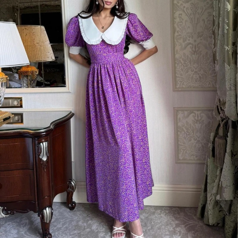 Women's 2026 New Doll Collar Short-sleeved Fashion Dress Purple Floral Lace-up Slim Dress
Women's 2026 New Doll Collar Short-sleeved Fashion Dress Purple Floral Lace-up Slim Dress