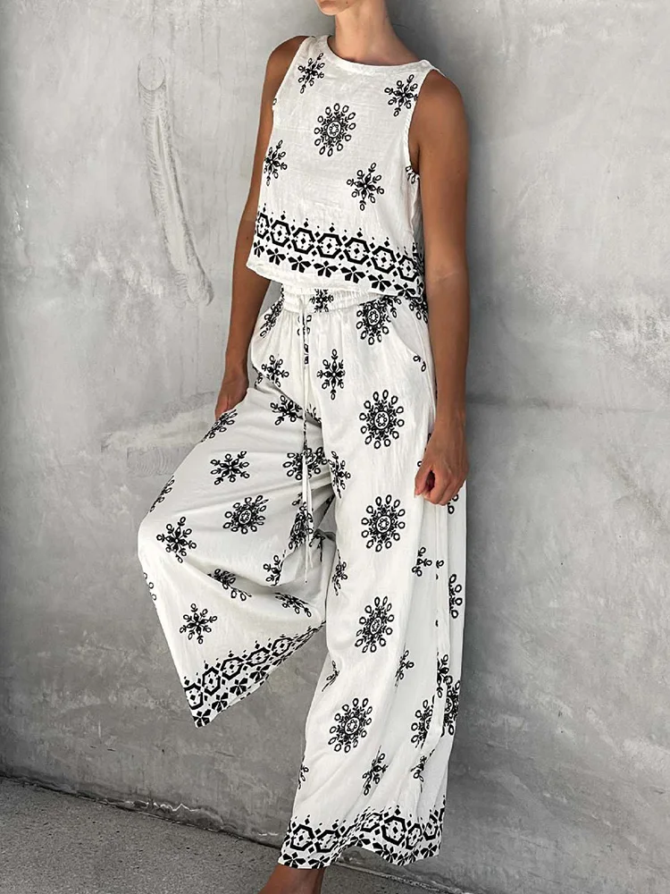 Pullover Top Wide Leg Pants 2PCS Sets, Women Summer O Neck Sleeveless Chic Outfit, 2025 Simple Casual Elastic Waist Ladies Suits
Pullover Top Wide Leg Pants 2PCS Sets, Women Summer O Neck Sleeveless Chic Outfit, 2025 Simple Casual Elastic Waist Ladies Suits
