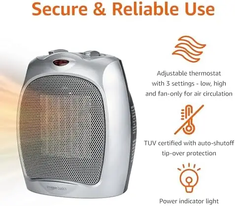 Basics 1500W Ceramic Space Heater with Safety Features, Fast Heating, Silver
Basics 1500W Ceramic Space Heater with Safety Features, Fast Heating, Silver