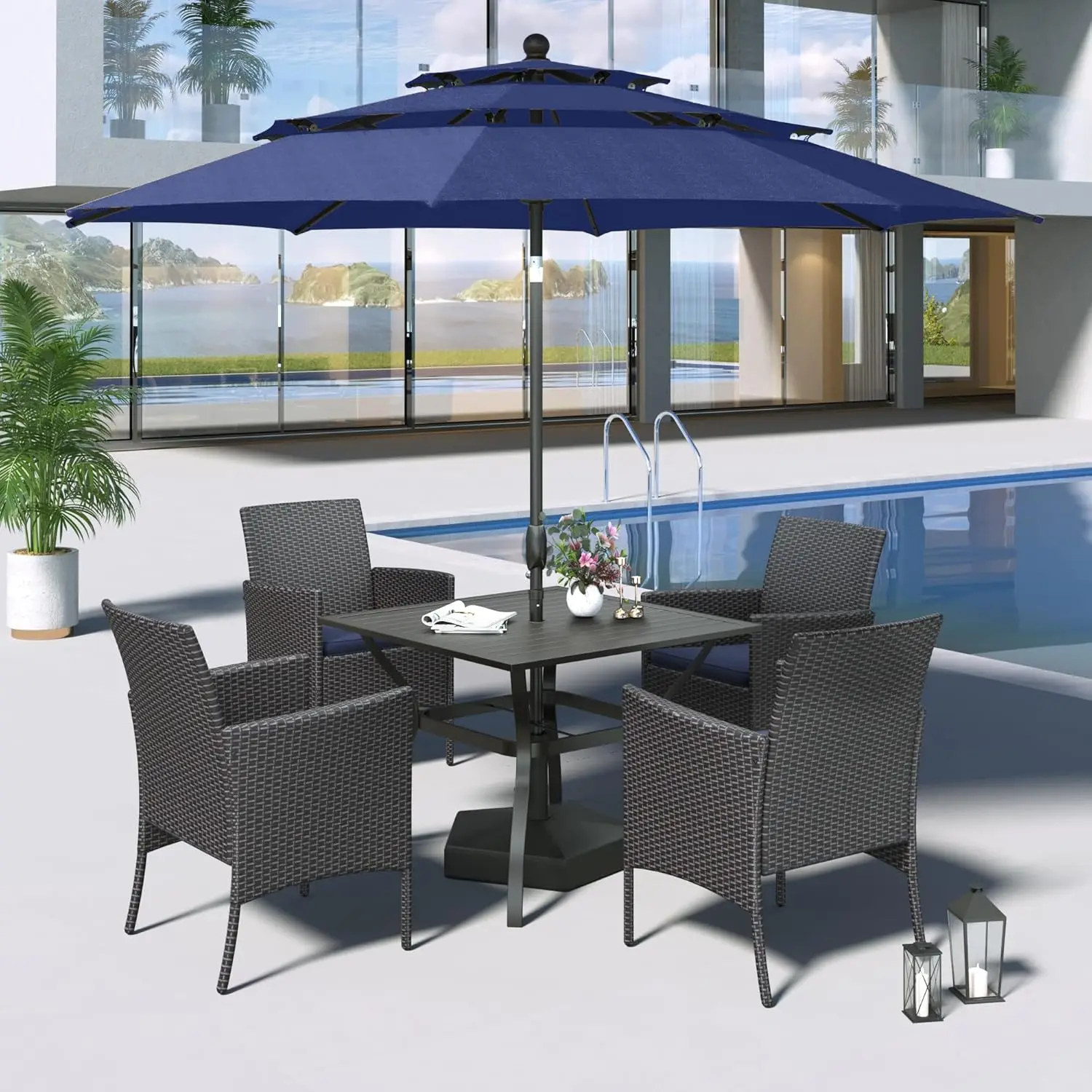 6pc Outdoor Dining Set with 10ft Umbrella Metal Table & Chairs for Patio Garden 4Person Navy Customized
6pc Outdoor Dining Set with 10ft Umbrella Metal Table & Chairs for Patio Garden 4Person Navy Customized