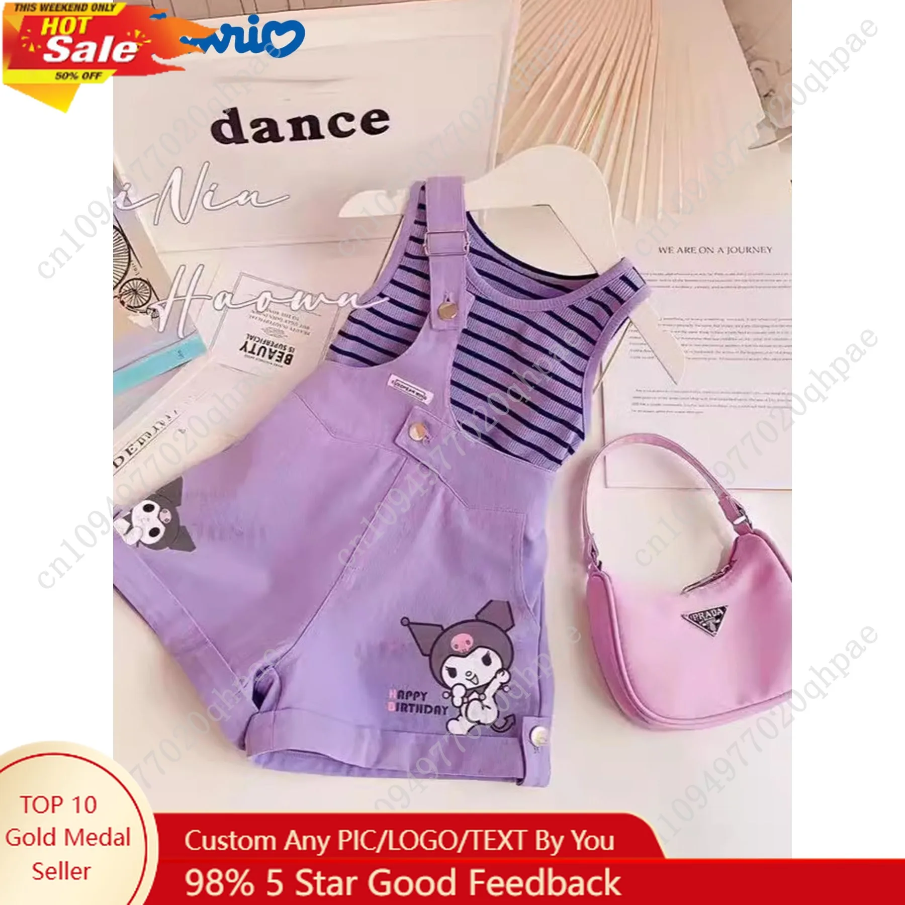 Sanrio Kuromi Girls' Two-piece Set Striped Tank Top Single-shoulder Strap Shorts Cute Outfit for Girl Birthday Gift
Sanrio Kuromi Girls' Two-piece Set Striped Tank Top Single-shoulder Strap Shorts Cute Outfit for Girl Birthday Gift