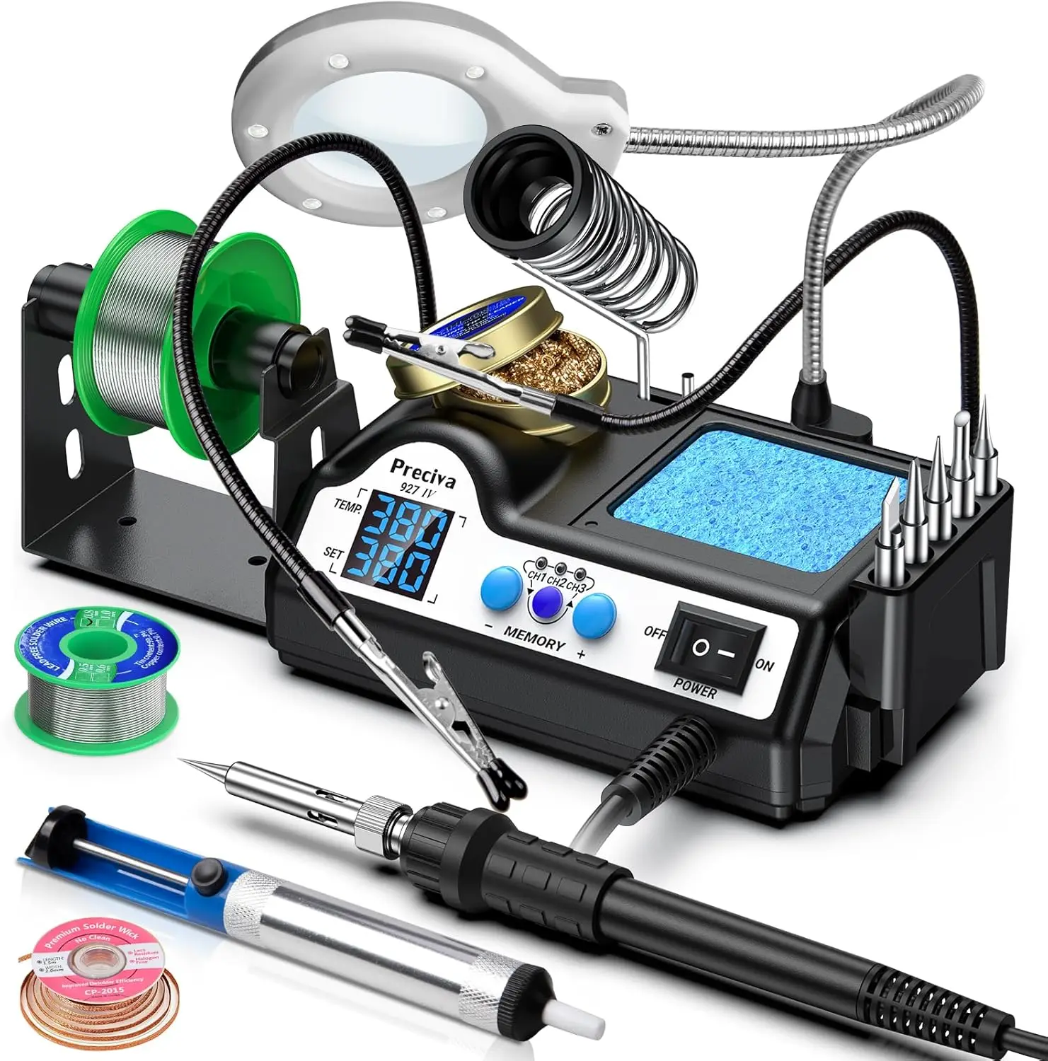 927 IV Soldering Station Kit, 60W Soldering Iron with Helping Hands, Magnifying Glass, 5 Tips, 3 Presets, Temp 194°F–896°F
927 IV Soldering Station Kit, 60W Soldering Iron with Helping Hands, Magnifying Glass, 5 Tips, 3 Presets, Temp 194°F–896°F
