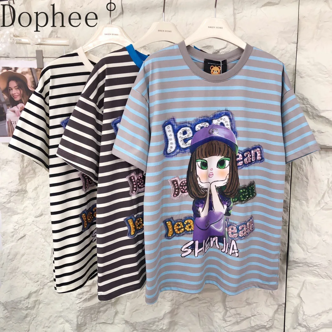 Elegant Vintage Stripes Loose Short Sleeve T-shirt Women Cartoon Letters Beads O-neck Pullover Top Casual Summer Students Tees
Elegant Vintage Stripes Loose Short Sleeve T-shirt Women Cartoon Letters Beads O-neck Pullover Top Casual Summer Students Tees