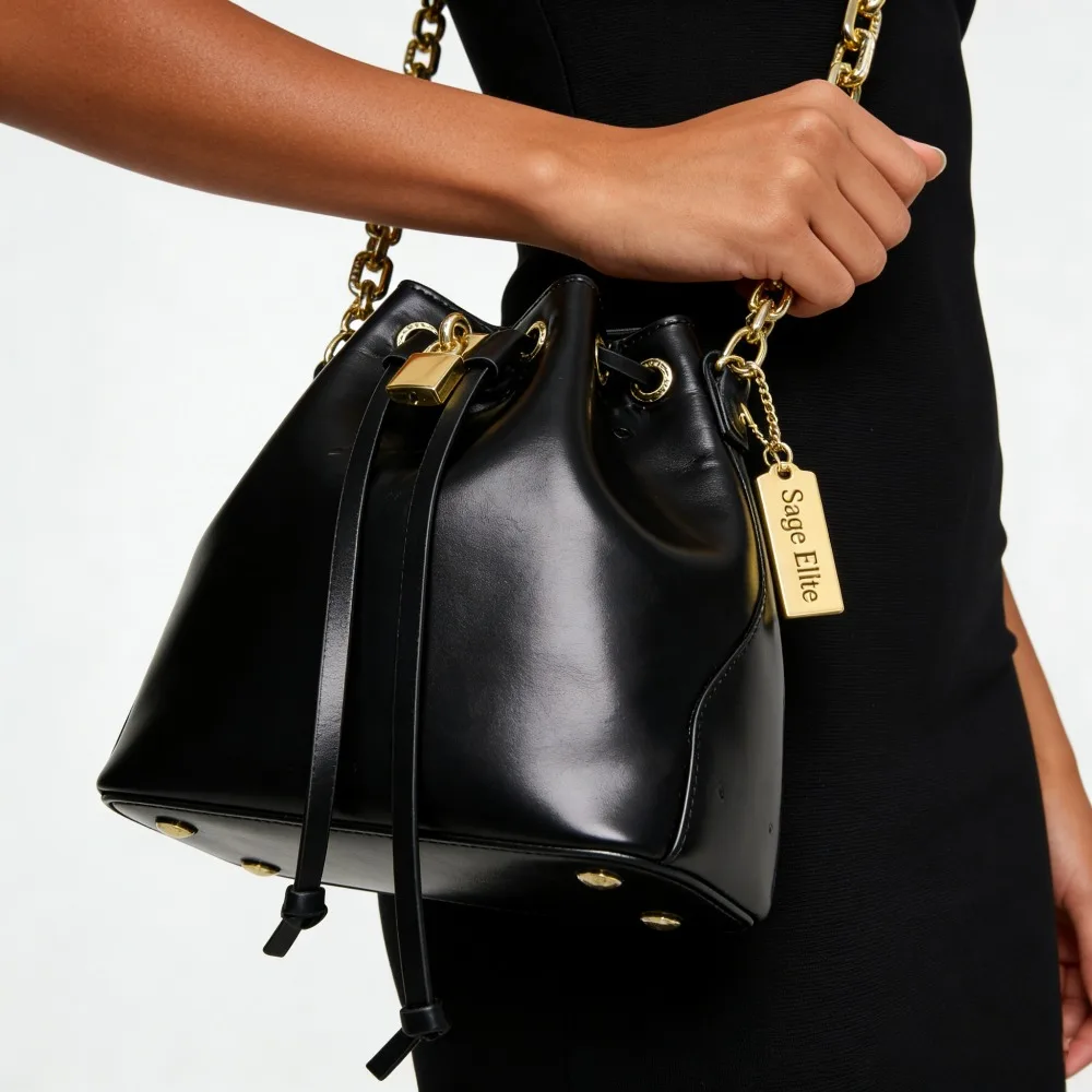 Черная сумка-ведро Sage Elite с золотой цепочкой – стильная сумка через плечо для женщин, роскошная сумка с замком для повседневного использования
Черная сумка-ведро Sage Elite с золотой цепочкой – стильная сумка через плечо для женщин, роскошная сумка с замком для повседневного использования