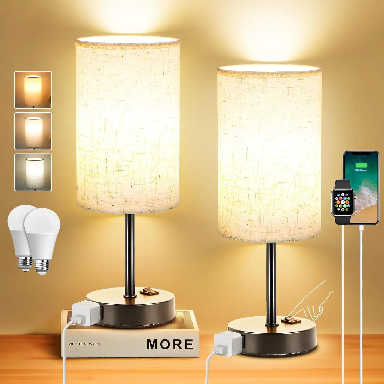 Set of 2 Bedside Lamps with Dimmable Switch & AC Outlet, Small Nightstand Lights for Bedroom, Living Room Home Decor
Set of 2 Bedside Lamps with Dimmable Switch & AC Outlet, Small Nightstand Lights for Bedroom, Living Room Home Decor