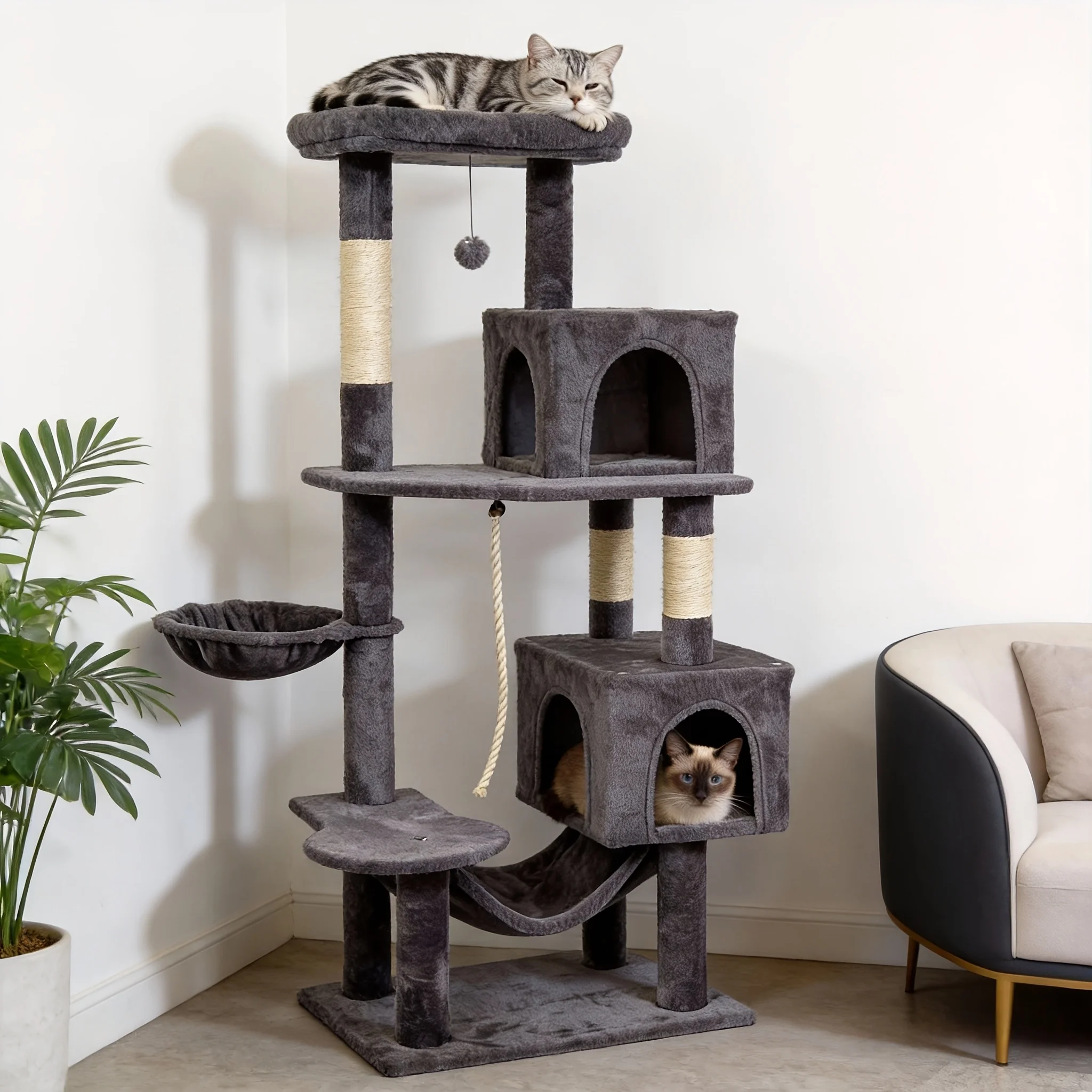 59-Inch Tall Cat Tree Tower Suitable for Large Cats - Multi-Level Plush Condo with Scratching Posts, Double Caves, Large Perch &
59-Inch Tall Cat Tree Tower Suitable for Large Cats - Multi-Level Plush Condo with Scratching Posts, Double Caves, Large Perch &
