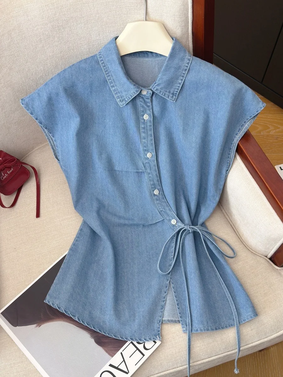 Light Blue Asymmetrical Bow Tie Waist Denim Shirt Women Summer Thin Hong Kong Style Single Wear Small Fly Sleeve Collar Top
Light Blue Asymmetrical Bow Tie Waist Denim Shirt Women Summer Thin Hong Kong Style Single Wear Small Fly Sleeve Collar Top