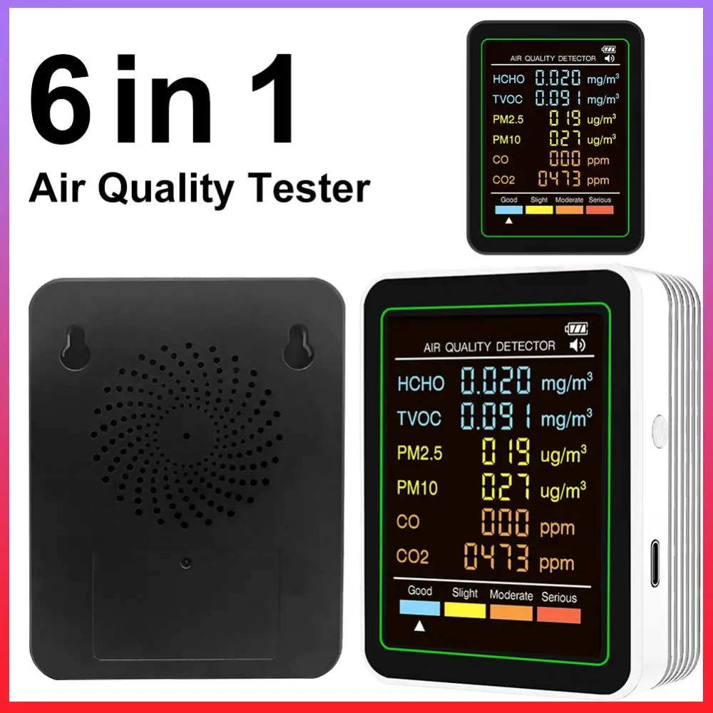 6-in-1 Air Quality Monitor Real-Time Air Quality Meter Portable Temperature Humidity Detector for Home Office School
6-in-1 Air Quality Monitor Real-Time Air Quality Meter Portable Temperature Humidity Detector for Home Office School