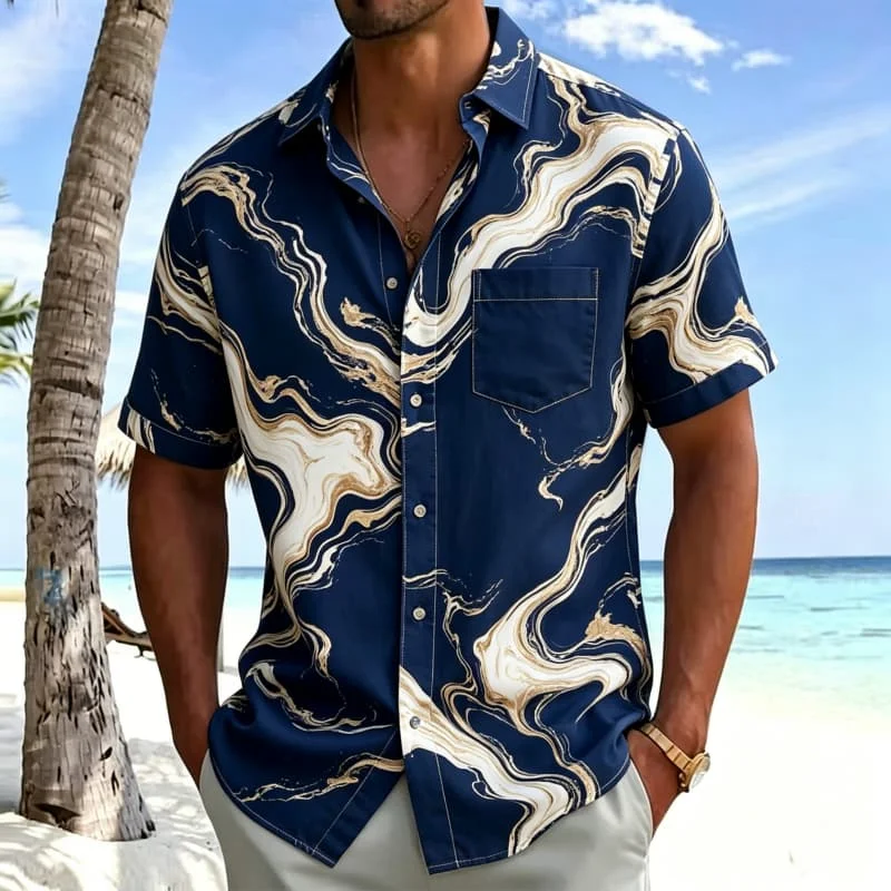 Men's marble print vacation shirt, short sleeved shirt with pockets, suitable for beach vacations and light luxury casual styles
Men's marble print vacation shirt, short sleeved shirt with pockets, suitable for beach vacations and light luxury casual styles
