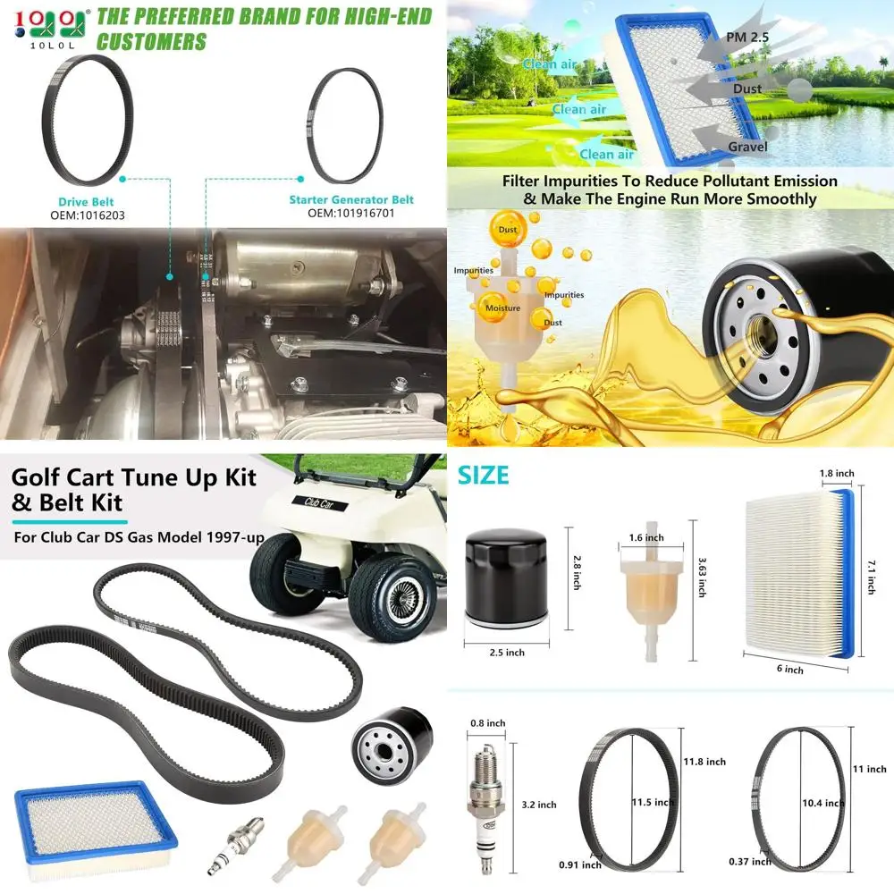 Golf Cart Maintenance Kit with Drive & Starter Belts for 1992-2004 Gas Models with E290/E350 Engines, Includes Air and Fuel Filt
Golf Cart Maintenance Kit with Drive & Starter Belts for 1992-2004 Gas Models with E290/E350 Engines, Includes Air and Fuel Filt