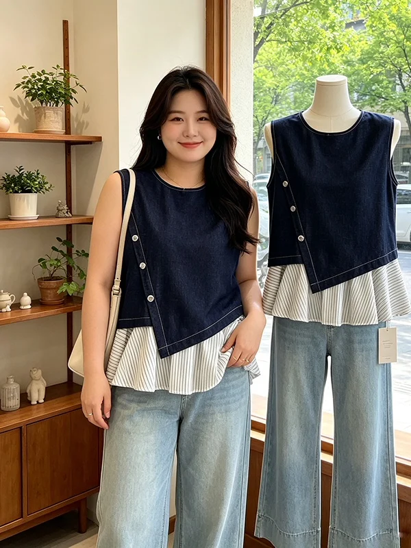 plus Size Women's Summer 2026 Fashion Design Striped Splicing Denim Sleeveless Loose Slimming Shirt Korean Style round Neck S...
plus Size Women's Summer 2026 Fashion Design Striped Splicing Denim Sleeveless Loose Slimming Shirt Korean Style round Neck S...